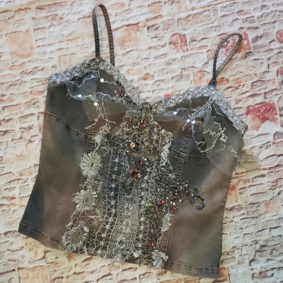 Rossi Roma Tops - Festival Beaded Lace Denim Tank NWOT Medium